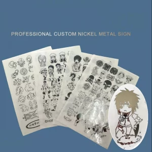 Pure nickel metal signs are developed with electroplated cartoon anime logos, trademarks, mobile phone and computer decoration labels