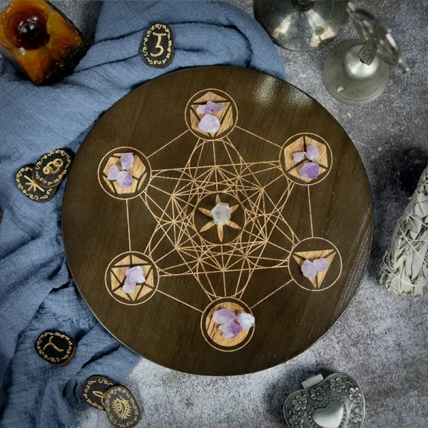 2024 new wooden plate Metatron crystal lattice ceremonial plate calendar double-sided roulette oak carving meditation star chart (10)