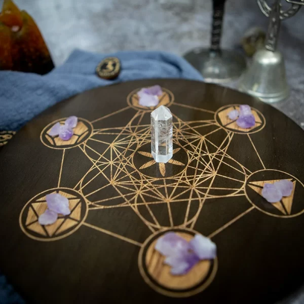 2024 new wooden plate Metatron crystal lattice ceremonial plate calendar double-sided roulette oak carving meditation star chart (11)