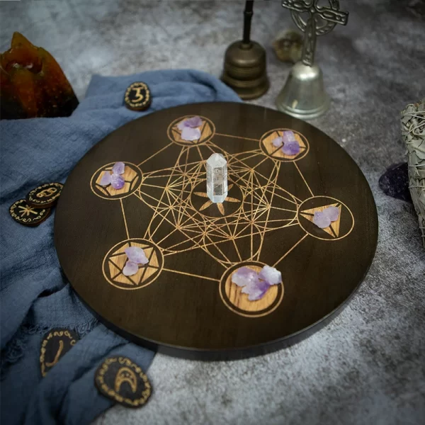 2024 new wooden plate Metatron crystal lattice ceremonial plate calendar double-sided roulette oak carving meditation star chart (2)