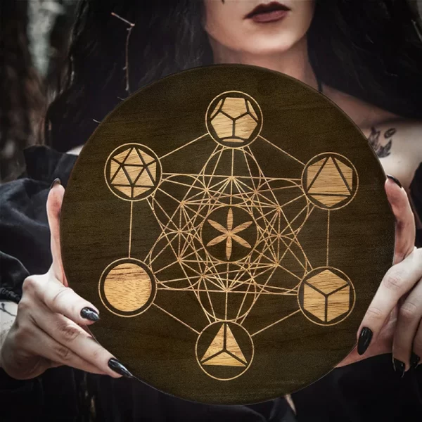 2024 new wooden plate Metatron crystal lattice ceremonial plate calendar double-sided roulette oak carving meditation star chart (3)