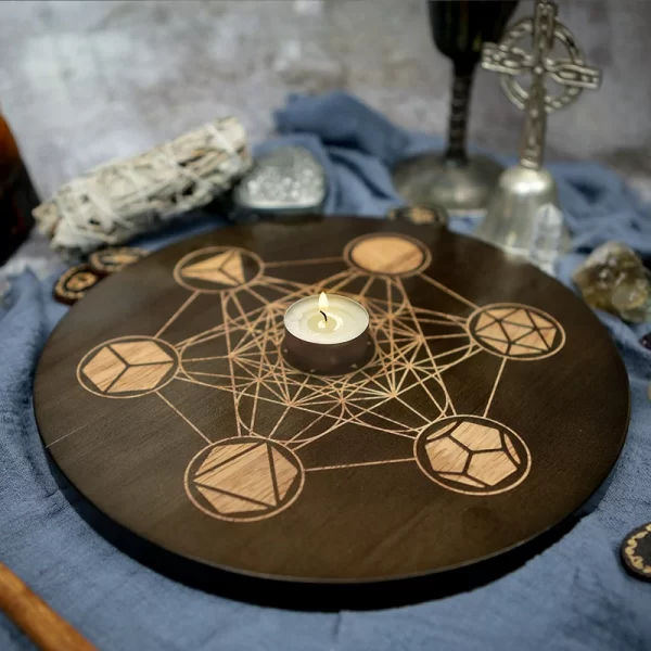 2024 new wooden plate Metatron crystal lattice ceremonial plate calendar double-sided roulette oak carving meditation star chart (7)