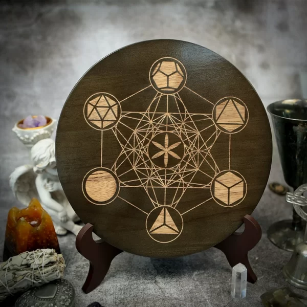 2024 new wooden plate Metatron crystal lattice ceremonial plate calendar double-sided roulette oak carving meditation star chart (8)