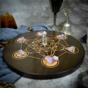 wooden plate Metatron crystal lattice ceremonial plate calendar double-sided roulette oak carving meditation star chart