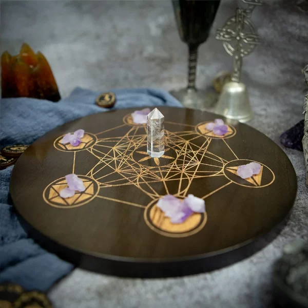2024 new wooden plate Metatron crystal lattice ceremonial plate calendar double-sided roulette oak carving meditation star chart (9)