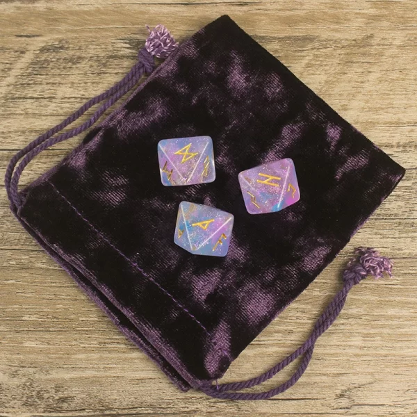 8-sided Dreamy Starry Sky Lane Dice Letter, Rune Alphabet Dice Set 3pcs Magical Purple Starlit Resin Dice, Velvet Bag (16)