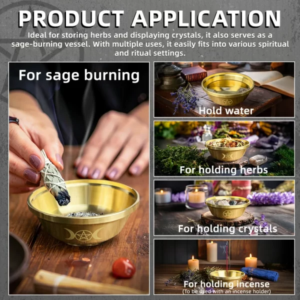 9cm pentagram brass bowl, three-phase moon copper bowl, dedicated metal aromatherapy bowl, crystal storage bowl, ceremonial water supply bowl (1)