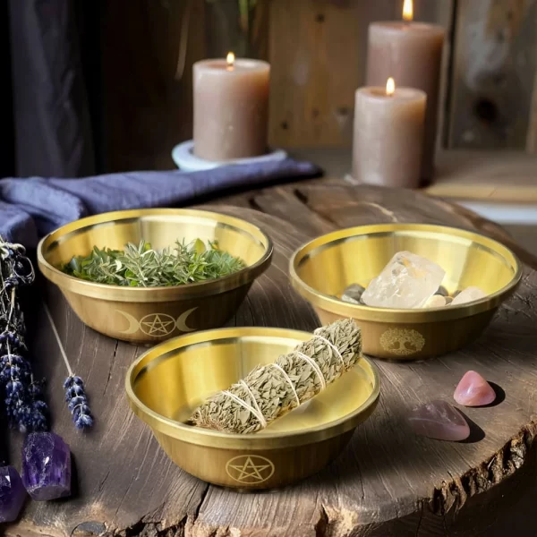 9cm pentagram brass bowl, three-phase moon copper bowl, dedicated metal aromatherapy bowl, crystal storage bowl, ceremonial water supply bowl (10)