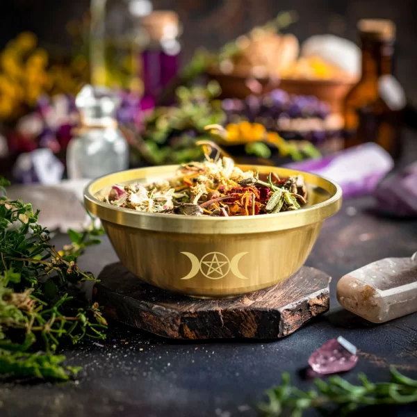 9cm pentagram brass bowl, three-phase moon copper bowl, dedicated metal aromatherapy bowl, crystal storage bowl, ceremonial water supply bowl (11)