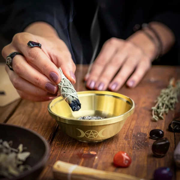 9cm pentagram brass bowl, three-phase moon copper bowl, dedicated metal aromatherapy bowl, crystal storage bowl, ceremonial water supply bowl (12)