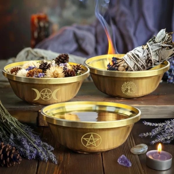 9cm pentagram brass bowl, three-phase moon copper bowl, dedicated metal aromatherapy bowl, crystal storage bowl, ceremonial water supply bowl (18)