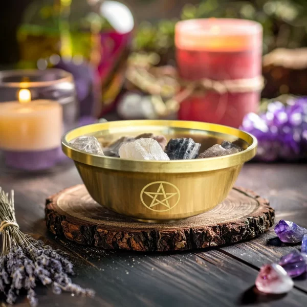 9cm pentagram brass bowl, three-phase moon copper bowl, dedicated metal aromatherapy bowl, crystal storage bowl, ceremonial water supply bowl (4)