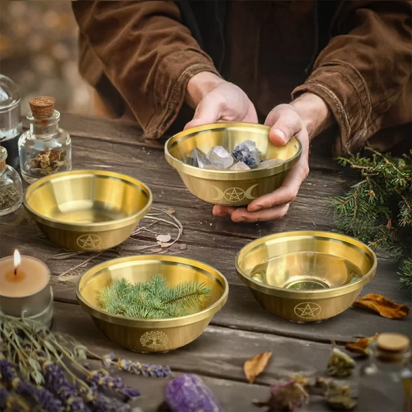 9cm pentagram brass bowl, three-phase moon copper bowl, dedicated metal aromatherapy bowl, crystal storage bowl, ceremonial water supply bowl (9)