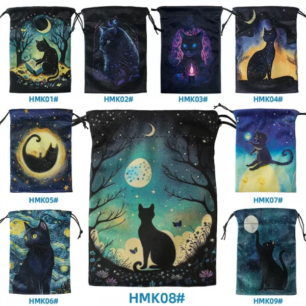 Black Cat Double sided Color Printed Velvet Bag Lise Velvet Talob Bag Tarot Table Bag Gift Bundle Pocket Crystal Bag (9)