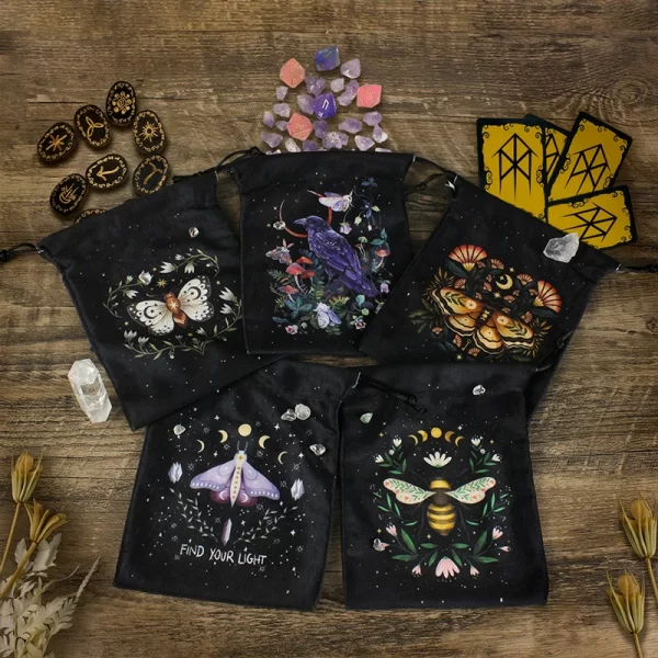Double sided color printed velvet bag, Christmas butterfly lace velvet table bag, herbal quick pocket, animal tarot card bag (20)
