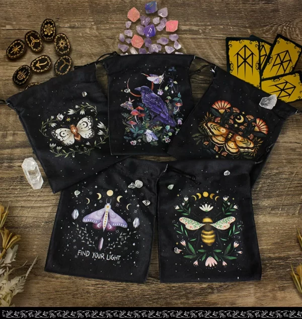 Double sided color printed velvet bag, Christmas butterfly lace velvet table bag, herbal quick pocket, animal tarot card bag (6)