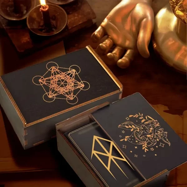 Handcrafted Wooden Tarot Card Storage Box - Mystic Symbols, Independent Art Organizer for Cards, Crystals, Energy Stones, Dice - Black (2)