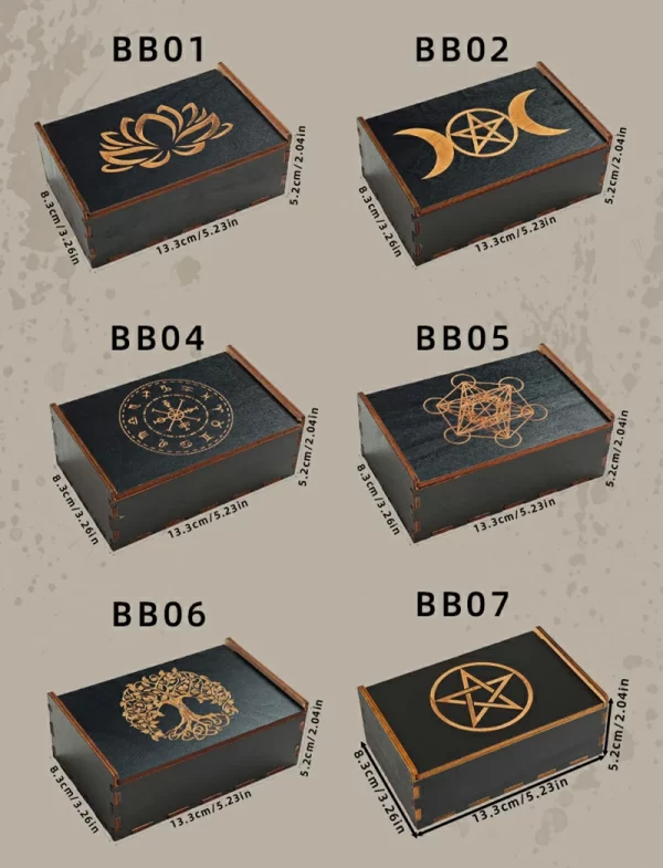 Handcrafted Wooden Tarot Card Storage Box - Mystic Symbols, Independent Art Organizer for Cards, Crystals, Energy Stones, Dice - Black (4)