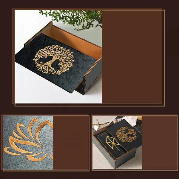 Handcrafted Wooden Tarot Card Storage Box - Mystic Symbols, Independent Art Organizer for Cards, Crystals, Energy Stones, Dice - Black (5)