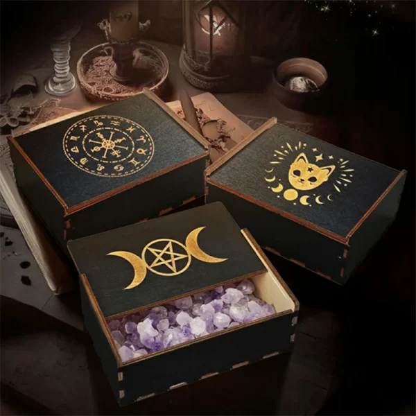Handcrafted Wooden Tarot Card Storage Box - Mystic Symbols, Independent Art Organizer for Cards, Crystals, Energy Stones, Dice - Black (9)