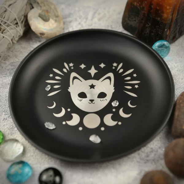 New 14cm Black Cat Stainless Steel Plate, Metal Candlestick, Crystal Steel Plate, Ritual Meditation Plate, Herbal Tray, Decorative Plate (15)