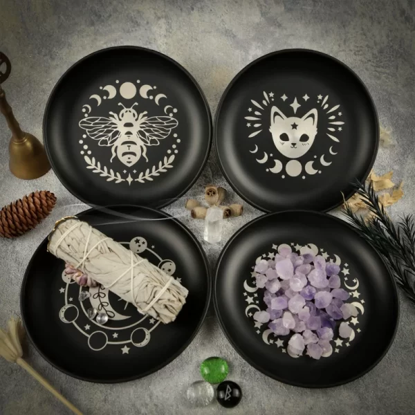 New 14cm Black Cat Stainless Steel Plate, Metal Candlestick, Crystal Steel Plate, Ritual Meditation Plate, Herbal Tray, Decorative Plate (20)