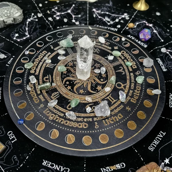 Wheel of Year Calendar Wheel Sun Moon Ins Wind Oak Carving Home Decor Wooden Plate (1)