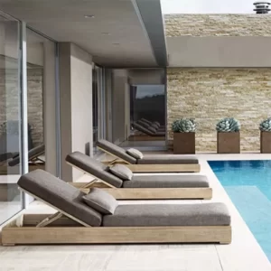 Outdoor high-end villa hotel swimming pool lounge chair, teak wood bed, courtyard garden, leisure beach chair