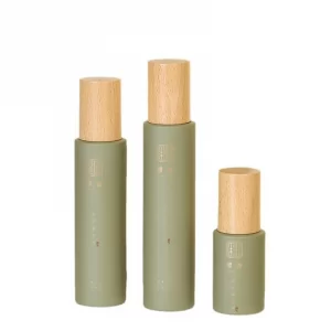 Custom straight glass set bottle green 100ml lotion bottle 50ml wood grain cap cream bottle frosting pump bottle