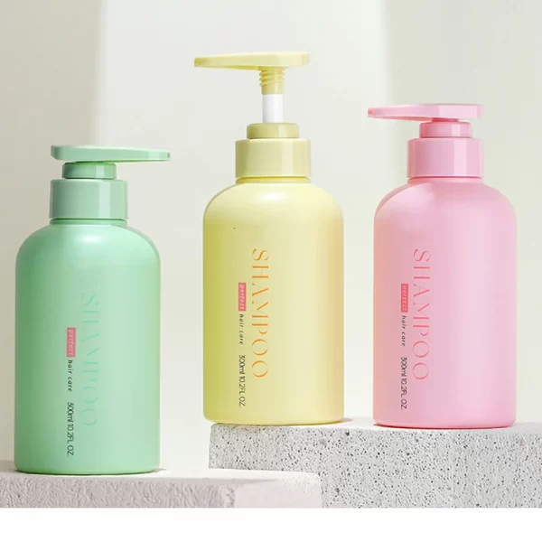 Customized color 300ml pink round shoulder PET shampoo bottle (2)