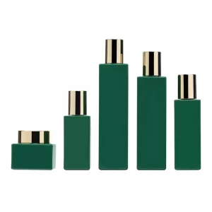 Green customized square glass set bottle 30-50g cream bottle 100-120ml gold cap lotion bottle pressure pump bottle